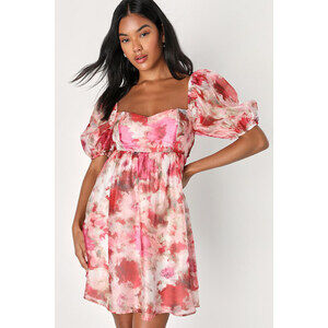 Lulus Darling Aura Pink Multi Floral Organza Babydoll Mini Dress - Size S
